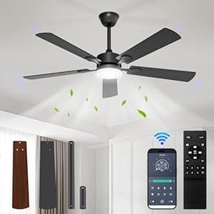 JOFIOS Ceiling Fans with Lights, 42 inch Ceiling Fan with Light and Remote, Reversible, 3CCT, 6-speeds, Dimmable, Noiseless, Black Ceiling Fan for Bedroom, Kitchen, Living Room