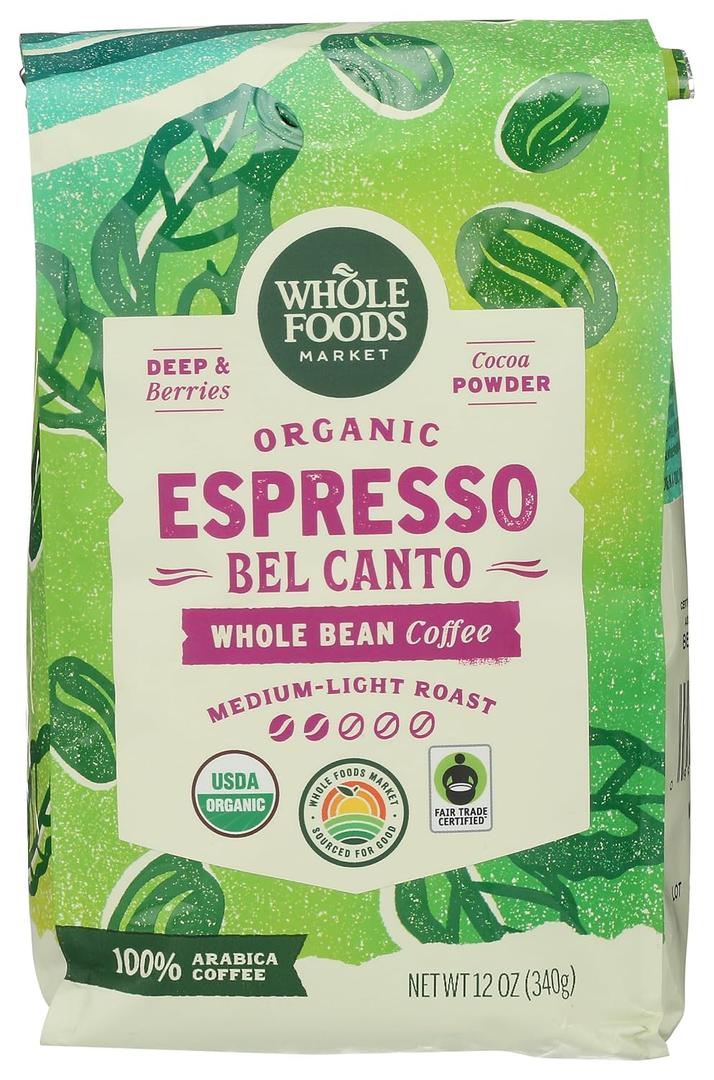 Whole Foods Market, Organic Espresso Bel Canto Whole Bean Coffee, Medium-Light Roast, Berries & Cocoa Powder, 12 Ounce (EXP 10/20/26)
