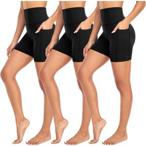 MOREFEEL 3 Pack Biker Shorts Women with Pockets  5" Tummy Control High Waisted Workout Gym Yoga Athletic Shorts (Large-X-Large)