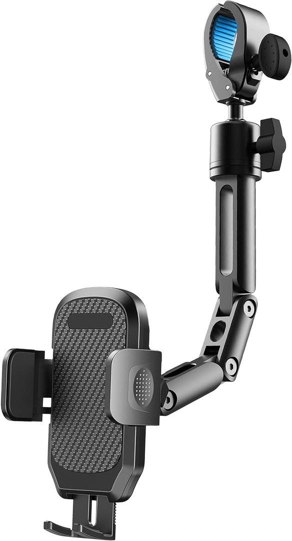 Phone Holder Car, Rear View Mirror Phone Holder - Aluminum Alloy Mount Multi-Angle Adjustment Rotatable and Retractable Compatible with All 4-7 Inch iPhone and Android Cell Phones