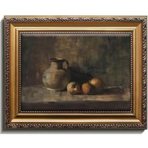Farmhouse Still Life Picture Living Room - Rustic Vintage Decor for Bedroom - Peach Fruit Dining Room Moody Muted Oil Painting Art Deco Framed Wall Art for Kitchen - 9 x 12