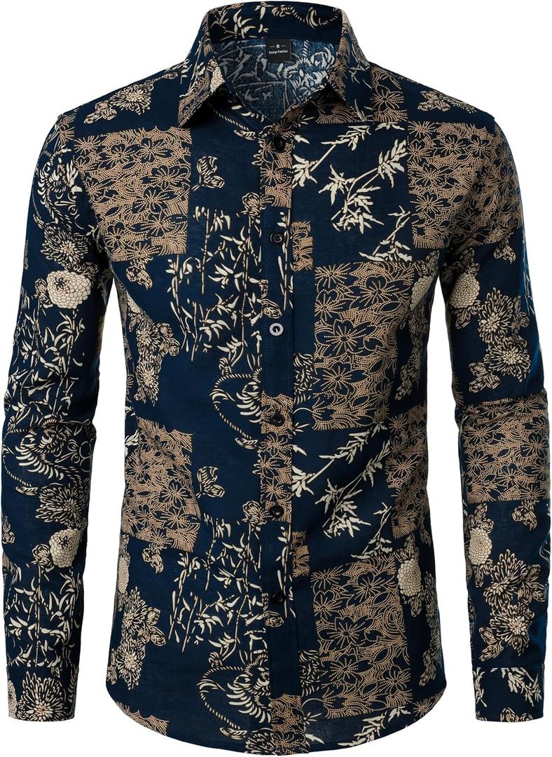 Men's Cotton Linen 70s Disco Retro Traditional Pattern Printed Long Sleeve Button Down Shirt (X-Large)