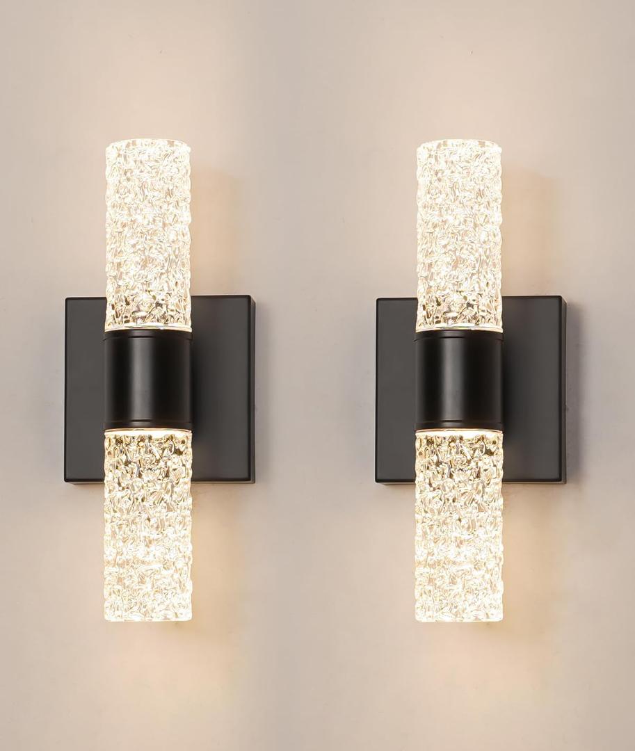 Black Sconces Wall Decor Set of 2, Crystal Bathroom Vanity Light Fixture, Modern Hardwired Wall Sconce Light Over Mirror, LED Sconces Wired for Bedroom Hallway Stairwells