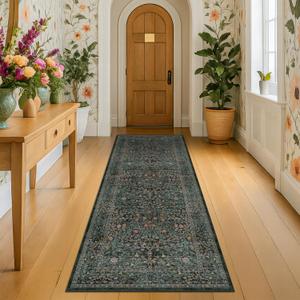 8ft Long Runners for Hallways Non Slip, 2'6" x 8' Floor Runner for Kitchen, Entryway Indoor, Washable Rubber Backing Stain Resistant - Vintage Floral Dark Green & Black Wide Dcor