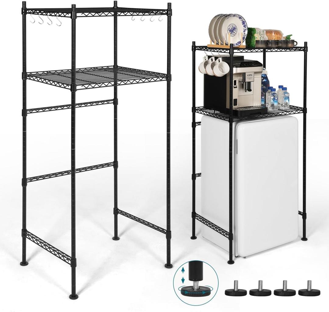 KELIXU Mini Fridge Shelf 2-Tier Metal Mini Fridge Stand with Storage, Adjustable Height Microwave Stand Multifunctional Rack for Dorm, Kitchens, Offices, Easy to Install, 52 H x 24 W x 18 D, Black