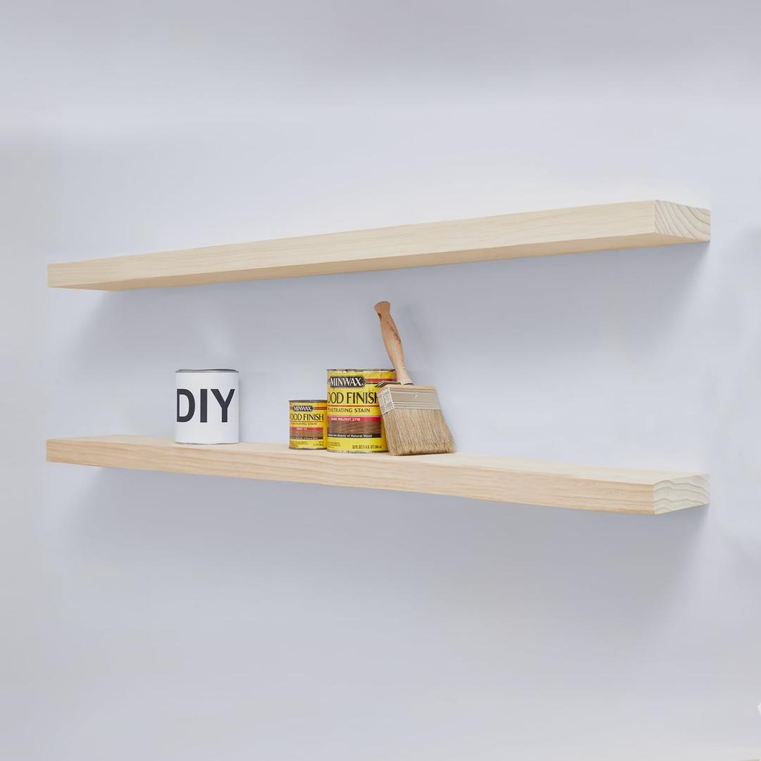 Homeforia Wood 48 inch Floating Shelf, High End Solid Natural Wood 48inch Floating Shelves for Wall Mounted, Unfinished Wooden Large Floating Shelves, Heavy Duty Bracket, 48 X 6.5 X 1.75 in, Set of 3 (Unfinished - Raw Sanded Pine (Diy))