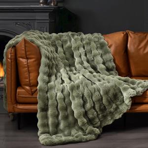PHF Ultra Soft Cozy Warm Faux Fur Throw Blanket, 50"x60", Olive Green | Luxury Fluffy Plush Bubble Blanket for Bed, Couch, Chair, Sofa Decorative, Thick Reversible Throw Suitable for Fall & Winter