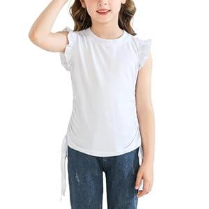 Girls Ruffle Short Sleeve Shirts Ruched Knot Side Tunic Blouse Fashion Summer Tee Tops for 5-12 Years (Green)