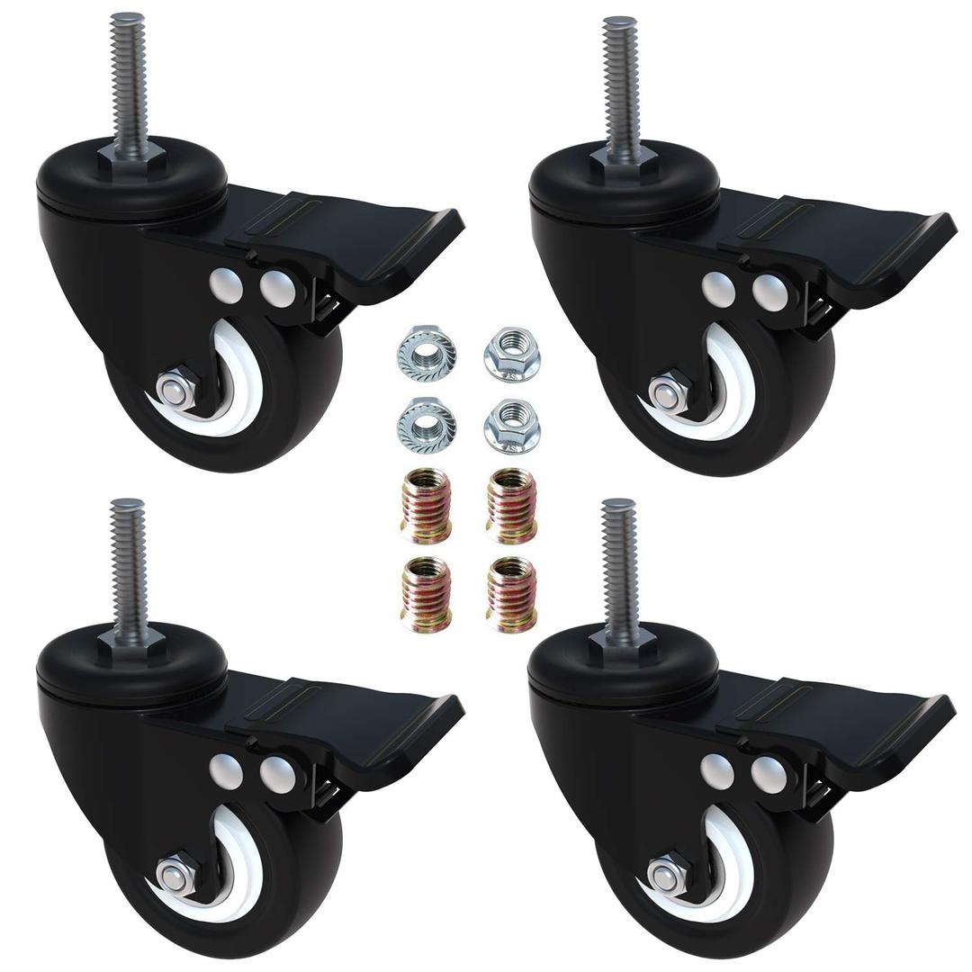AAGUT 4 Pack 2" Swivel Stem Casters with Brake Lock M8x25mm Stem Caster Heavy Duty PU Rubber Castors, Nuts Included