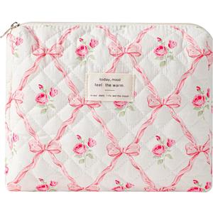 uekeboag Quilted Cotton Makeup Bag,Coquette Quilted Toiletry Bag for Women and Girls,Floral Coquette Pouch,Cute Kawaii Travel Cosmetic Bags(Pink Bow)