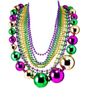 JOYIN 10 Pcs Mardi Gras Bead Necklace Set, 1 Jumbo Ball Bead Necklaces, 3 Medium & 6 Small Beaded Necklaces, Gold Green Purple Plastic Necklaces for Mardi Gras Costume Outfit Dress up Accessories