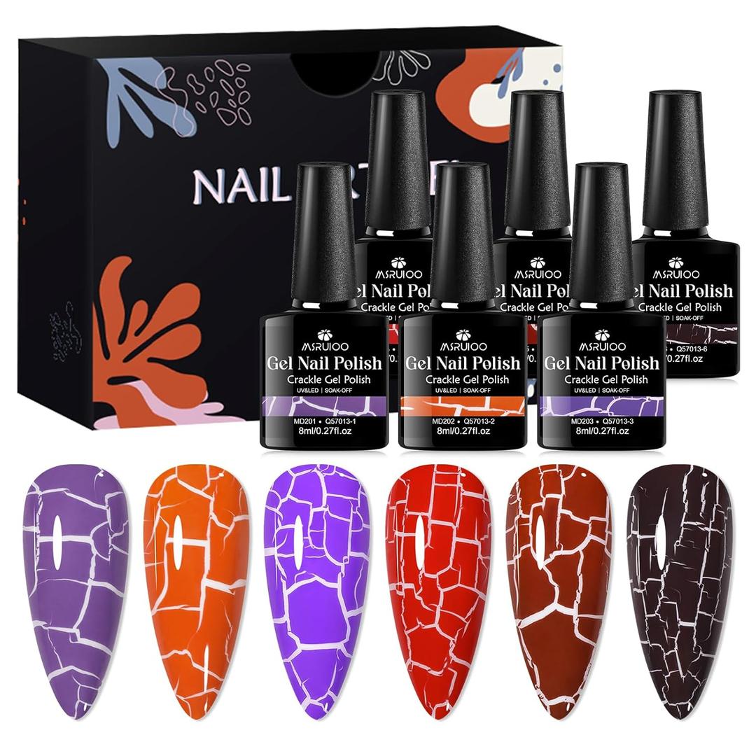 Crackle Gel Nail Polish Set, 6 Colors Pink Red Purple Black Super Easy Cracked Nail Polish Air Dry & UV Lamp Needed