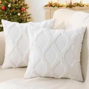 decorUhome Christmas Throw Pillow Covers 18x18 Inch Set of 2, Soft Plush Faux Fur Wool Cream White Couch Pillow Covers, Decorative Neutral Pillow Cases for Bed Sofa Living Room Home Decor