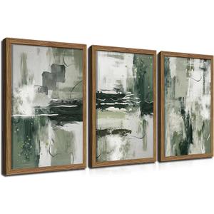 Sage Green Abstract Wall Art Set of 3, Modern Abstract Canvas Wall Decor Paintings, Green Neutral Minimalist Posters Prints Pictures for Living Room Bedroom Office Home Decor 12x16 Inch Wood Framed