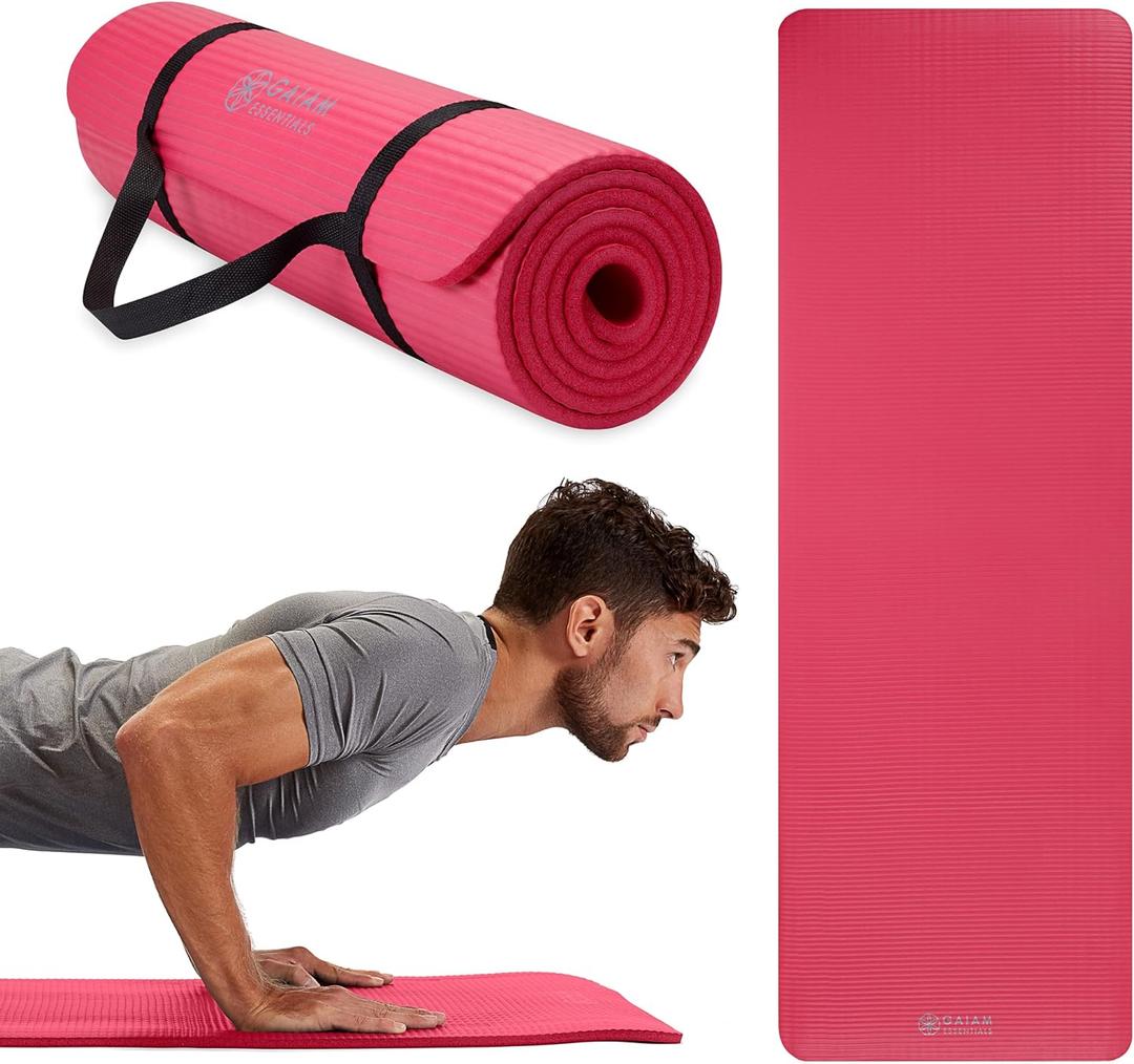 Gaiam Essentials Thick 2/5" (10mm) and Thin 1/4" (6mm) Yoga & Pilates, Fitness & Exercise Mat with Easy-Cinch Carrier Strap (Pink)