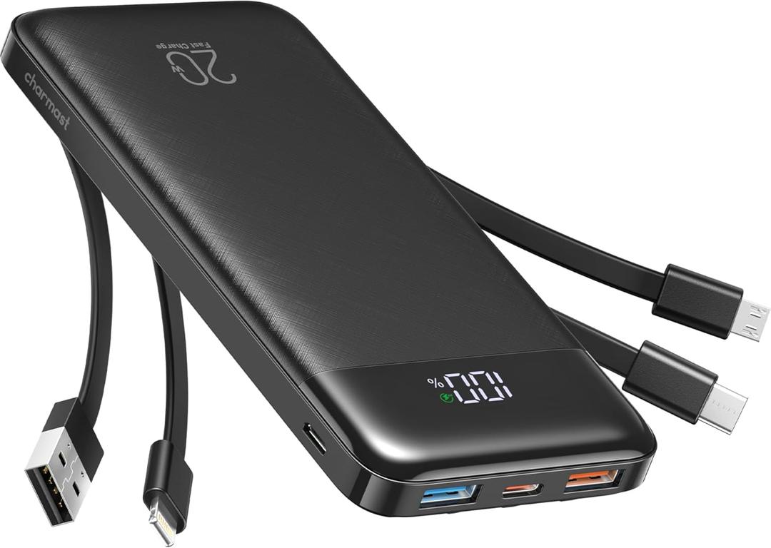 Charmast 20000mAh Portable Charger with 4 Built-in Cables & 6 Outputs, 20W Power Bank Fast Charging - USB C External Battery Pack for iPhone 16 15 14, Android, iPad, Tablet & More (Travel Essential)