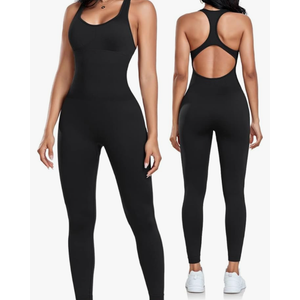 Womens Workout Jumpsuits Seamless Yoga Gym Bodycon Rompers Sexy Racerback Tummy Control Padded Bra Unitard, Large 