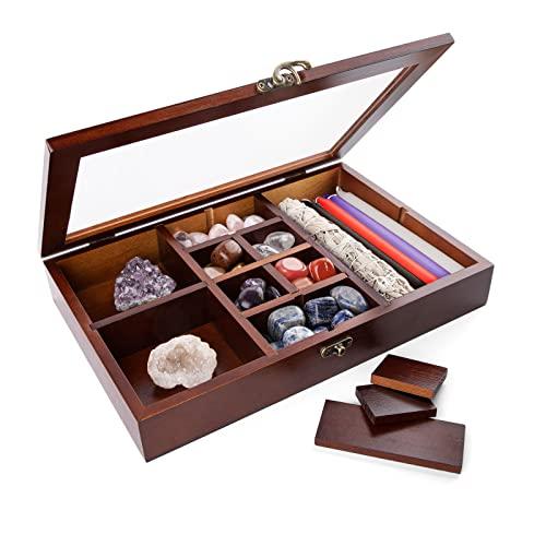 Mooncraftlogy Adjustable Rock Display Case, Crystal Collection Box with Shelves, Wood Witchy Stones Organizer Storage,Gem Holder with Lid for Seashell, Collectibles, Wiccan Gift (Brown)