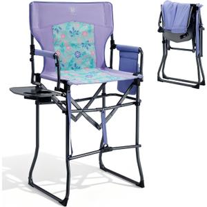 EVER ADVANCED Portable 30.7" Seat Height Tall Folding Camping Chair Directors Chair High Foldable Bar Stool with Side Table for Makeup Artist, Sports Event, Craft Show, Supports 350LBS