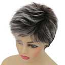 Kaneles Short Grey Pixie Cut Wigs for Women Layered Soft Fluffy Old Lady Synthetic Wigs for Daily Party Costume Halloween UseGray Mix Brown