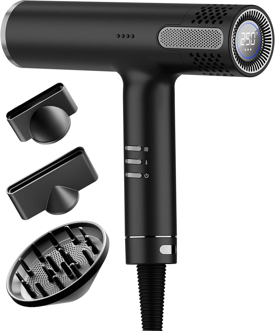 Lanvier Hair Dryer with Diffuser, Professional Ionic Blow Dryer for Women, Compact Lightweight Design Fast Drying, Intelligent 4 Heats, 3 Airflow Control, LCD Display, Cool Shot for Curly & All Hairs