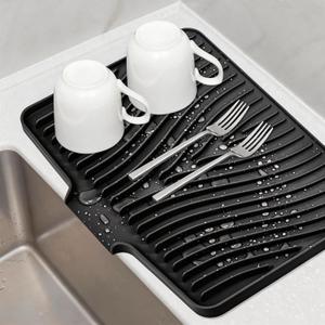 TIKNIK Silicone Dish Drying Mat, Stone Drying Mat for Kitchen Counter with Built-In Drain, Non-Slip Drain Pad with Built-in Drain, Heat Resistant Stone Drying Mat, Hangable, Black-1pc, 20" x 15"