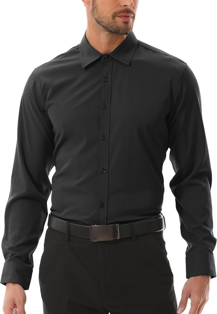 Dress Shirts for Men Solid Stretch Wrinkle-Free Business Formal Shirt Men's Casual Long Sleeve Button Down Shirts (Black, 3X)