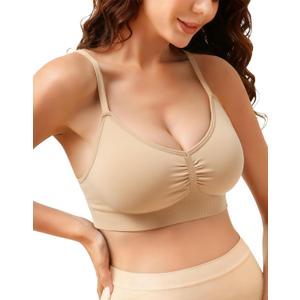 V Neck Seamless Bra Comfort Stretch Padded Bralette Wireless Sleep Bras for Women with Support Soft Removable Pads (X-Large, Nude)
