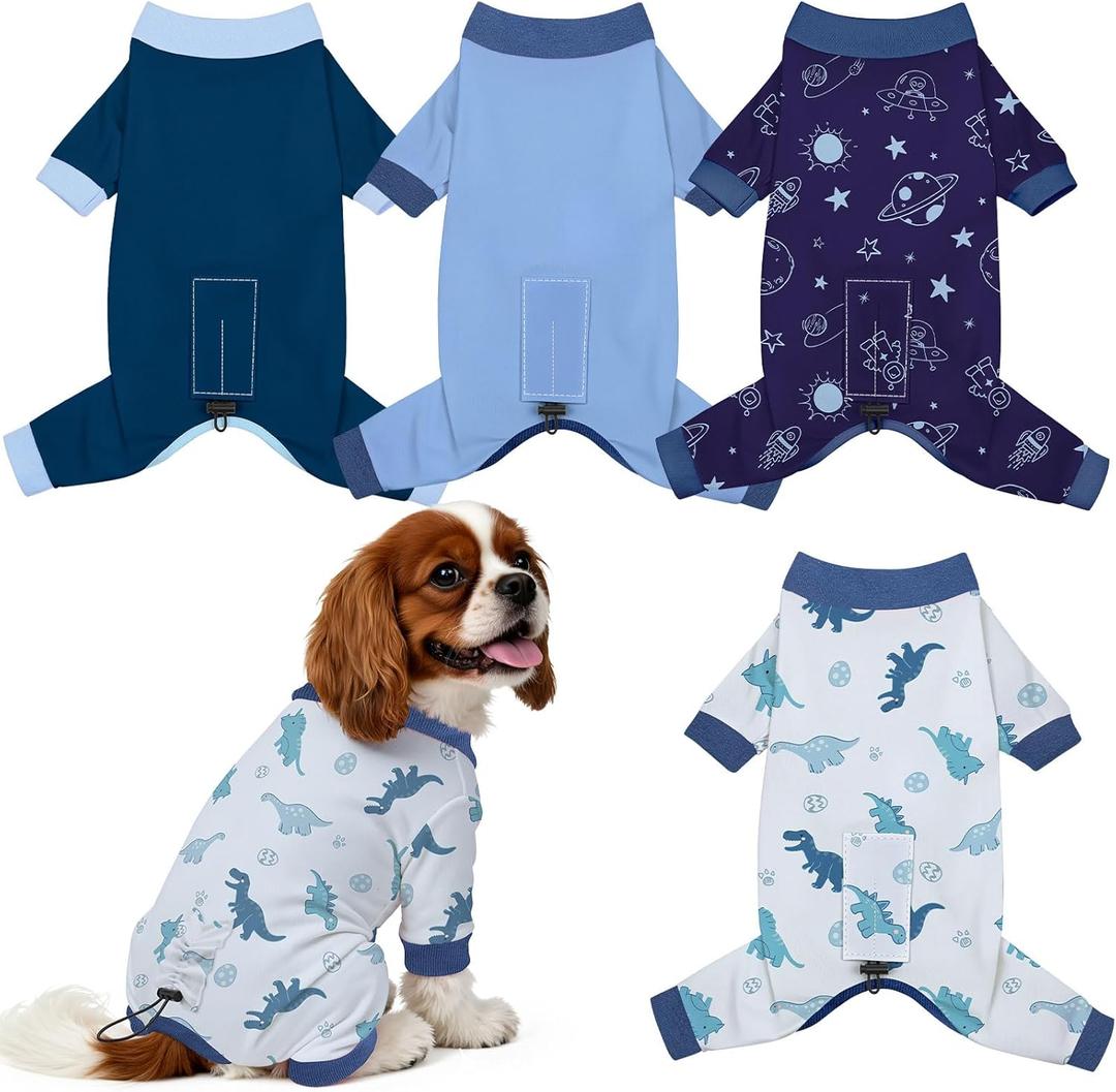 4 Pack Dog Pajamas Pet Costumes Dog Jammies Onesies Sweatshirt Adjustable Breathable Stretchy Clothes for Puppy Large Dogs Girls Boys,L (Dinosaur, Blue, Starry Sky, Navy)