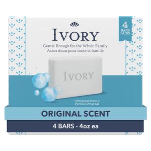 Ivory Gentle Bath Bar Soap, Designed for Whole Family, 99.44% Pure Formula with Plant-Based Cleansers, Made Without Heavy Perfumes, Parabens or Phthalates, Original Scent, 4.0 oz (4 Count)
