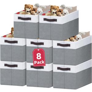 Criusia 8 Pack Closet Organizers and Storage Bins - Extra Large Storage Baskets for Organizing - Clothes Storage Bins for Shelves -Foldable Organizer Bins Totes for Toy Blanket, Dorm Room Essentials (8pcs - Rectangular 16"x12", White with Grey)
