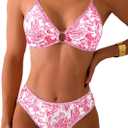Fanuerg Women's Triangle Bikini Sets O Ring Linked Two Piece Swimsuits Floral Printed Cheeky Bathing Suit (Pink, M)