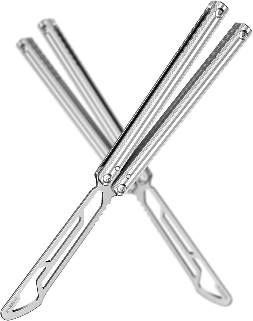 Nabalis Impulse Butterfly Knife Balisong Trainer for Practicing Flipping, Blunt Practice, No Edge ToolLightweightPublic-Friendly Metal Trainer (Silver)