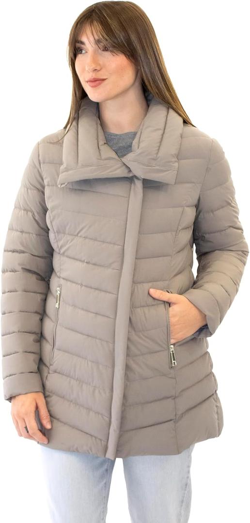 Nine West Women’s Short Puffer Coat with High Collar and Zip Pockets – 29" Length - Taupe (2X-Large)