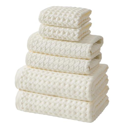 SK Studio 6 Piece Cotton Hotel Waffle Towel Set - 2 Bath, 2 Hand, 2 Washcloths - Large, Absorbent, Quick Dry for Bathroom Spa - White