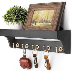 Rebee Vision Key Holder for Wall with Shelf : Decorative Key Organizer with 5 Rustic Keys Hooks and Primitive Wood Mail Organizer Wall Mount - Entryway Décor (Black)