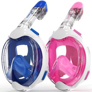 G2RISE Kids Snorkel Mask Full Face Snorkel Set, Snorkeling Gear for Kids with 180 Degree Panoramic View, Anti-Leak & Anti-Fog (White Blue+White Pink)