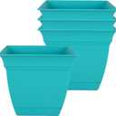 The HC Companies Eclipse Square Plastic Planter w/Attached Saucer - Outdoor & Indoor Plant Pot with Drainage Holes - Lightweight, UV-Resistant Plastic Pots for Plants (6" Teal, Pack of 4)