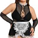 WDIRARA Women's Plus Size 6 Piece Lace Trim Hollow Out Maid Costume Naughty Lingerie Set