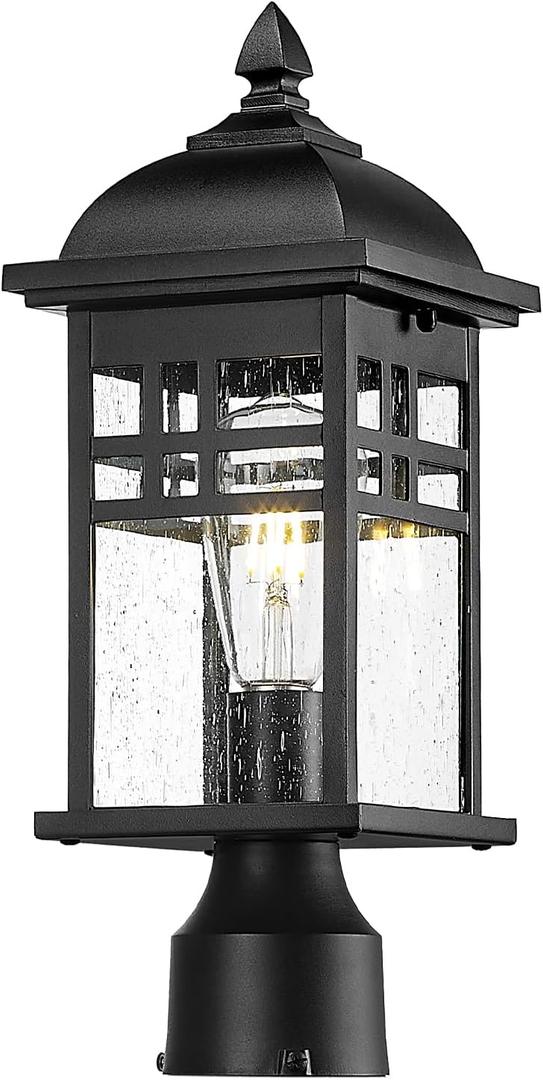 Emliviar Farmhouse Outdoor Post Light, 16" Exterior Post Lamp for Patio Porch with Seeded Glass, Black Finish, DE279P BK