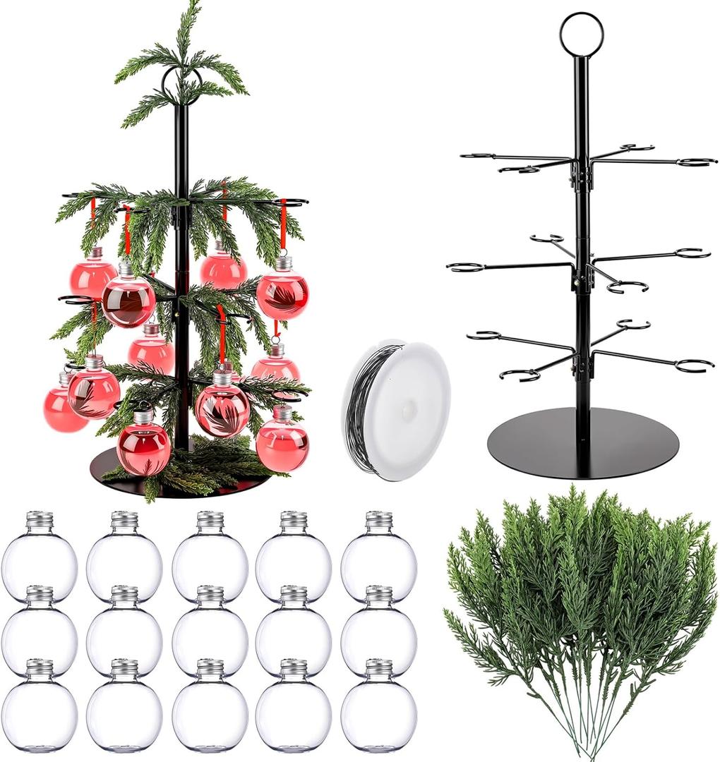 Ferrochef 37 Pcs Christmas Cocktail Tree Stand for Drinks Champagne Tower Glass Holder with Plastic Drink Balls and Cypress Leaf Decorations, 3 Tier 12 Stands Bar Home Beverage Display for Xmas Party