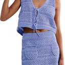 Saodimallsu Womens Crochet Swim Cover Up 2 Piece V Neck Sleeveless Front Tie Crop Tops Beach Mini Skirt Coverup Set