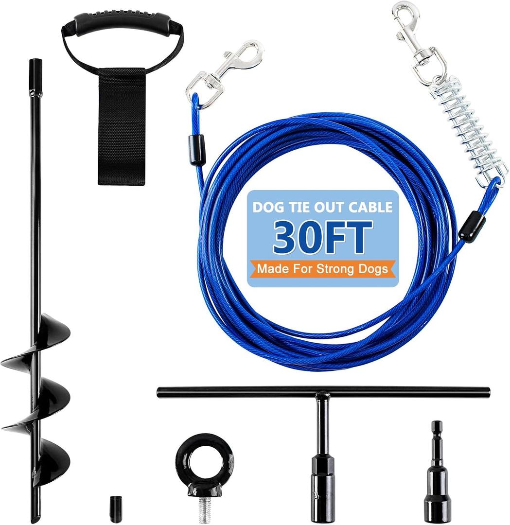 Deisunpet Heavy Duty Dog Tie Out Cable and Stake, Chew-Proof Dog Leads with Spring and Strap, Anti-Rust Ground Anchors with Extended T-Wrench, Dog Runner for Small Medium Dogs, for Yard Camping Beach, 30FT