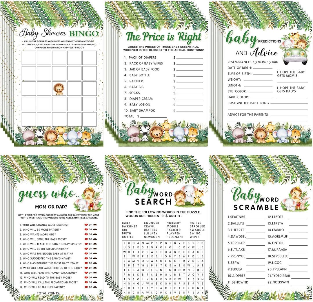 Jetec 302 Pcs Safari Animal Theme Baby Shower Games, 6 Games, 50 Sheets Each, Shower Party Bingo, Word Scramble, Baby Word Search, Predictions and Advice, The Price is Right, Guess Who