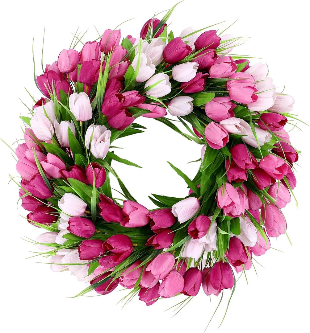 U'Artlines 20 Inch Tulip Wreath for Front Door, Spring Summer Silk Wreath with Green Leaves Artificial Tulip Flower Wreaths for All Seasons Window Wall Wedding Valentines Day Decor (Pink)