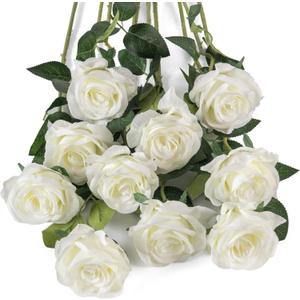 Flojery 10pcs White Silk Roses Artificial Rose Flowers Long Stem for DIY Wedding Bouquet Table Centerpiece Home Decor