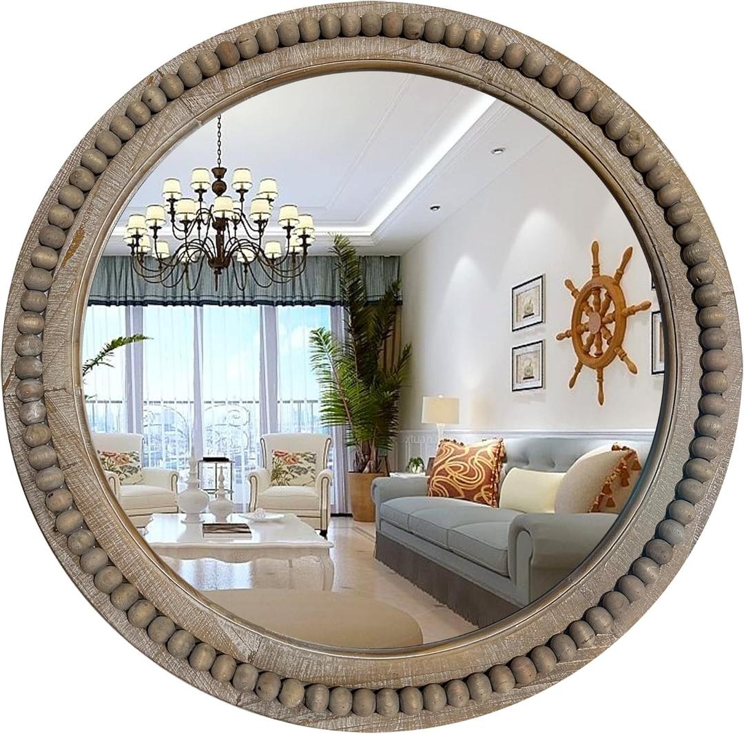 Rustic Round Wall Mirror, 24 Inch Wood Circle Mirror with Beads, Decorative Farmhouse Mirror for Living Room, Bedroom, Kitchen, Entryway (Natural)