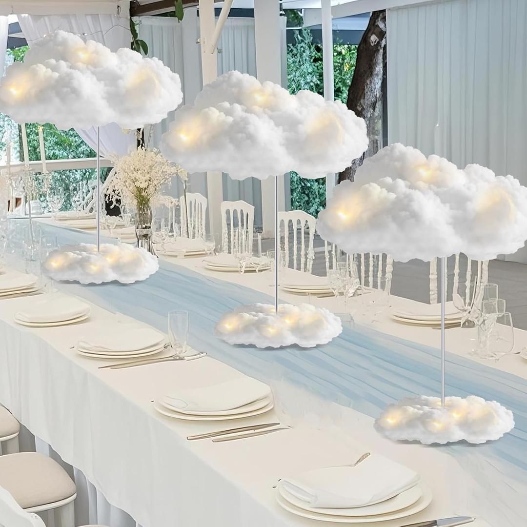 6 Set Artificial Cloud LED Light Winter Decorations Hanging Cloud Baby Shower Table Centerpiece DIY Kit for Ceiling Room Fake Fluffy Cotton Clouds Prop for Wonderland Birthday Party Nursery Wedding