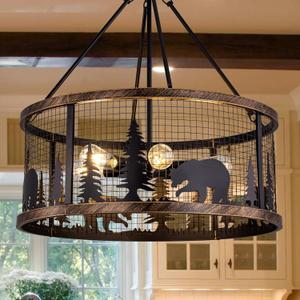 TOCHIC 28" Farmhouse Chandelier, Black Vintage Chandeliers for Dining Room, 6 Lights Drum Rustic Chandelier with Bear Metal, Western Bear Ceiling Light Fixture for Living Room, Bedroom, Hallway, Bar