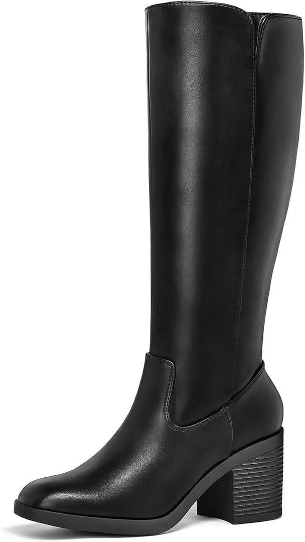 mysoft Women's Knee High Boots Square Toe Chunky Block Stacked Heel Tall Boots with Side Zipper, 6, Black